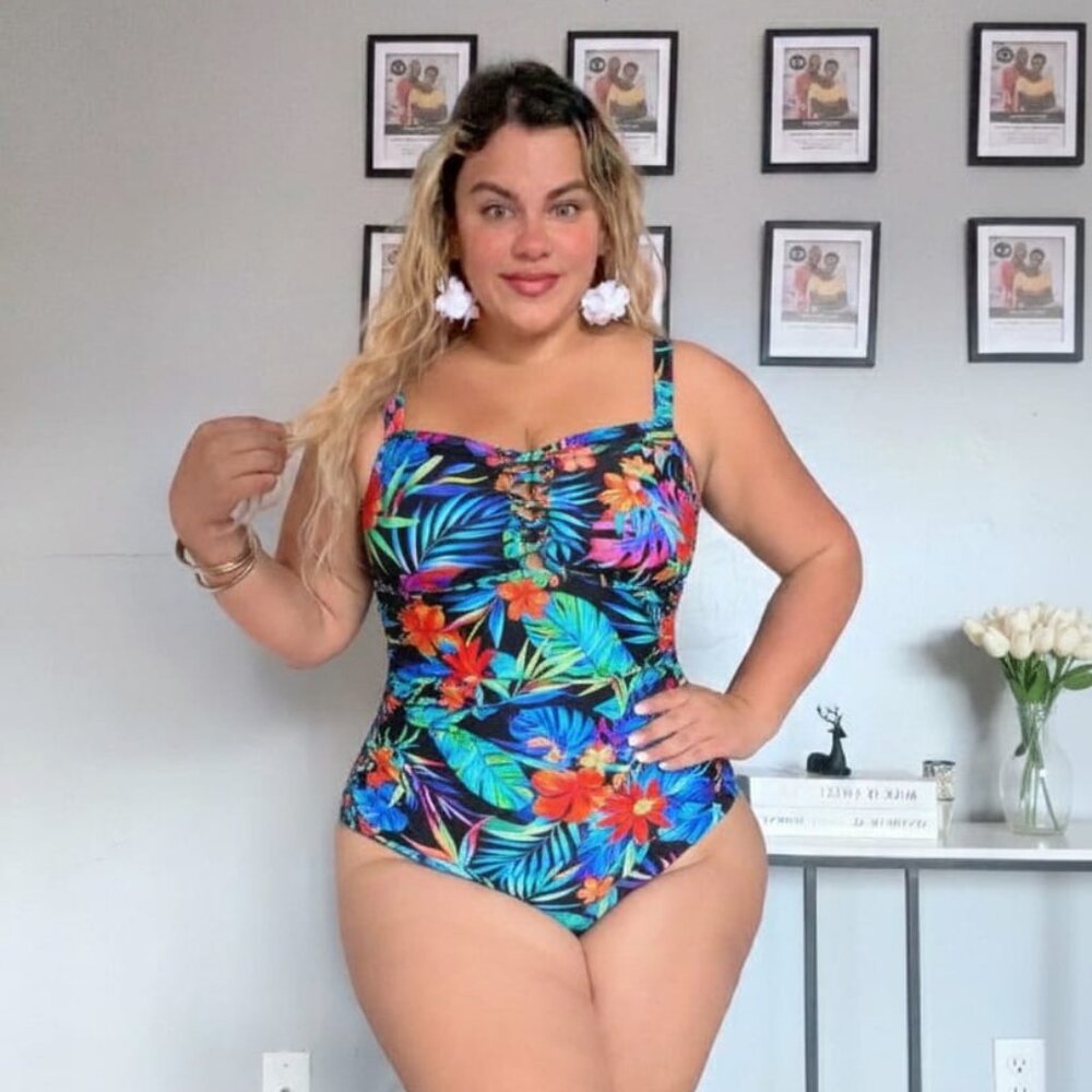 YONIQUE Lattice Ruched Wireles One-Piece Swimsuit Floral Plus Size Tummy Control